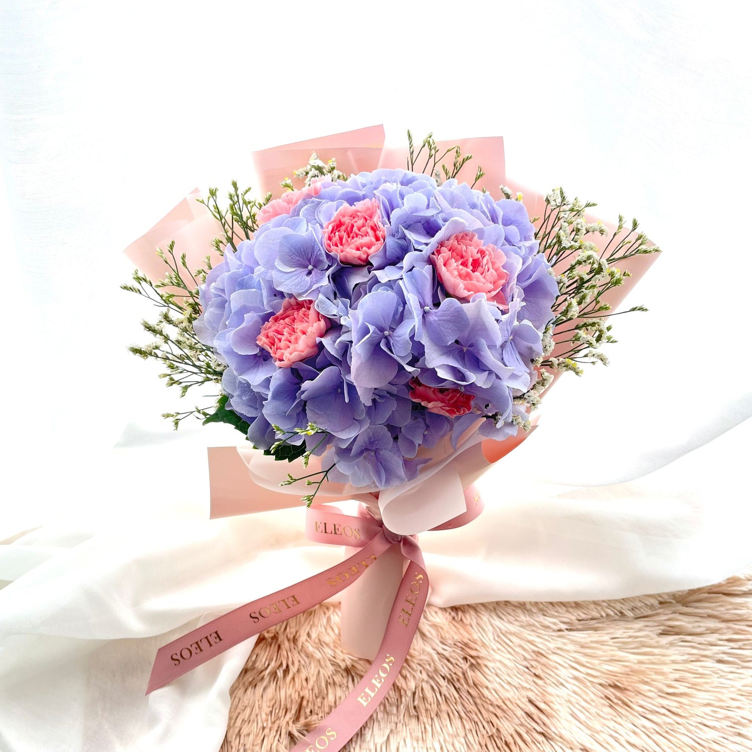 Beautiful and Fresh Hydrangea & Carnation Flower Bouquet Under 80 in Singapore with Free Delivery