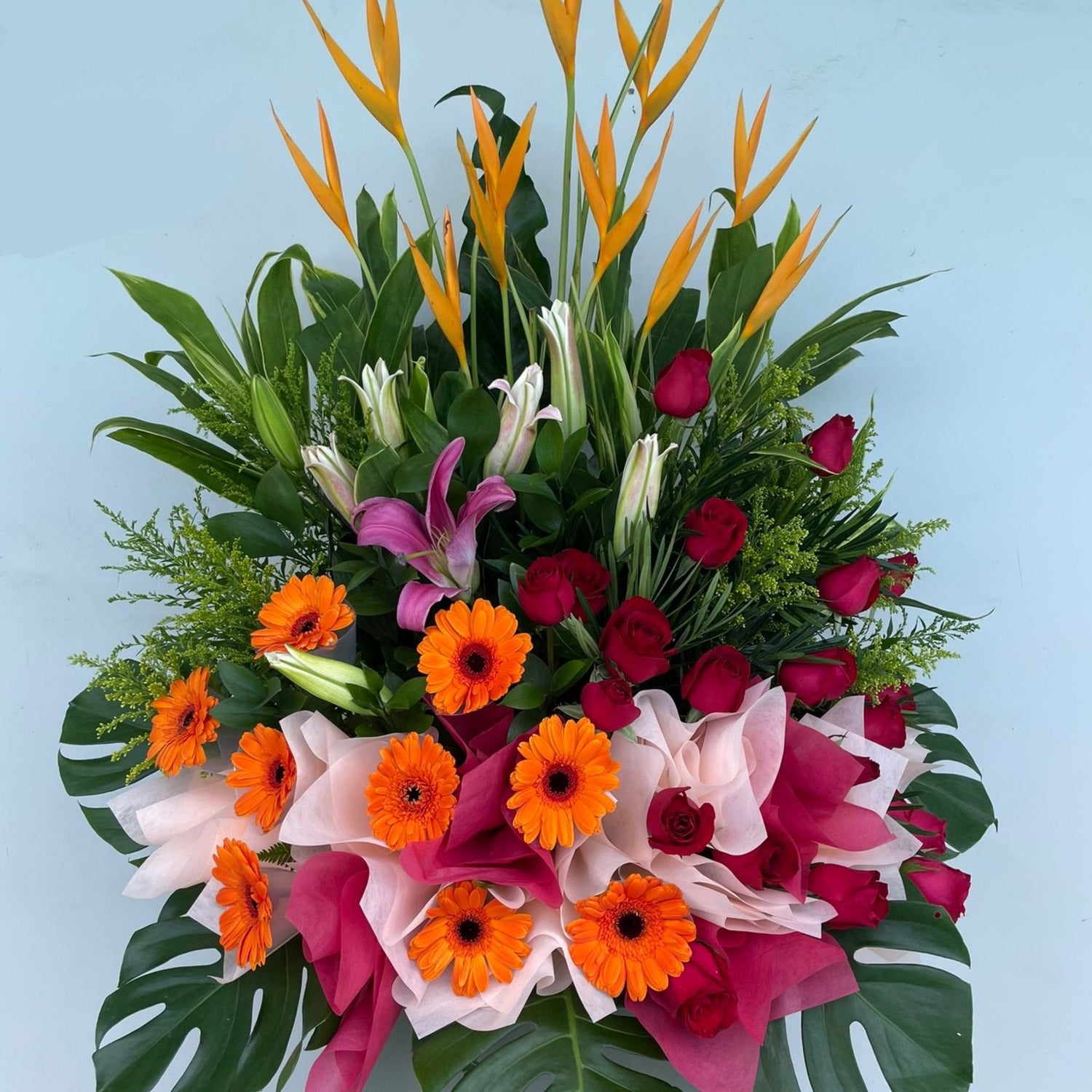 Cheap Real Gerbera Daisies, Roses, Lilies and Birds of Paradise Grand Opening Floral Stand Under $200 in Singapore Free Delivery