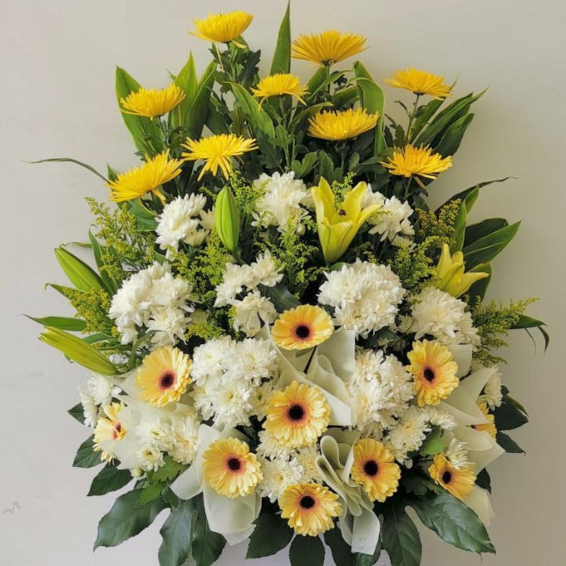 Cheap Fresh Mums, Gerbera Daisies, Lilies and Spray Mums Condolence Floral Stand Under $150 in Singapore Free Delivery