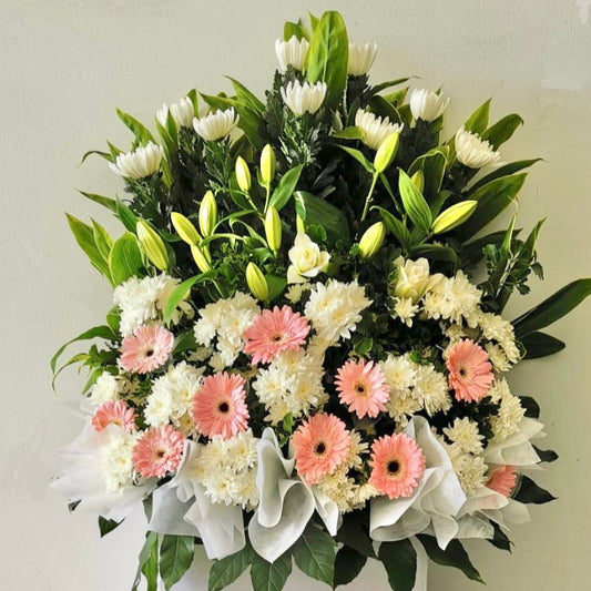 Cheap Fresh Mums, Pink Gerbera Daisies, Lilies and Spray Mums Condolence floral Stand